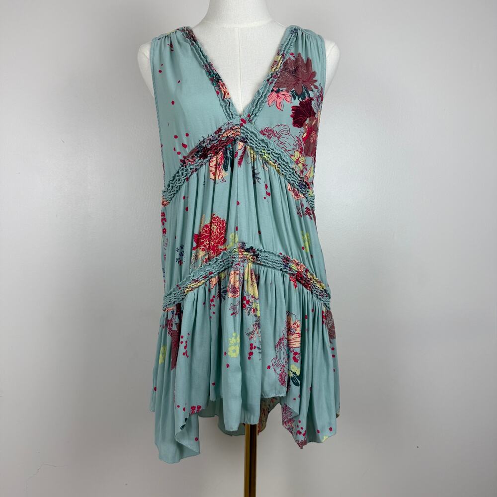 Free People Haze Floral Tiered Tunic Top Boho Sleeveless V-Neck Size S